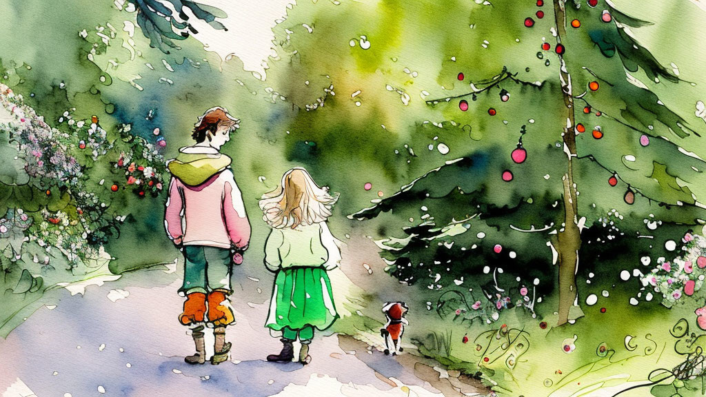 Children and dog approaching outdoor Christmas tree in watercolor illustration