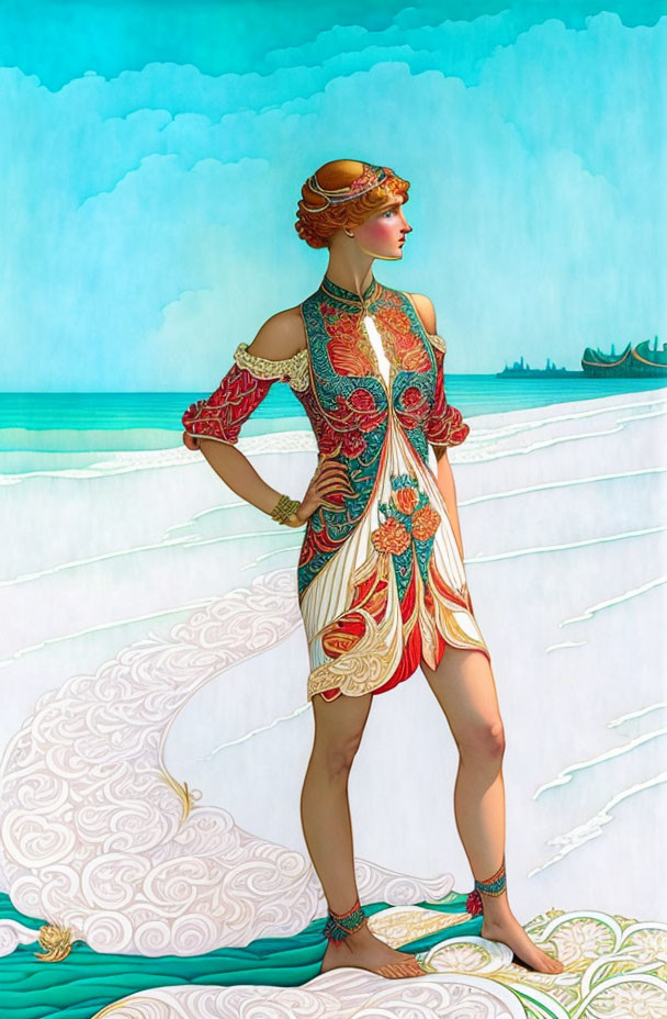 Colorful Woman in Ornate Dress by the Sea: Stylized, Serene Illustration