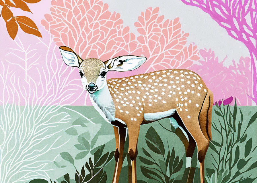 Young Spotted Deer in Colorful Forest with Pink and White Trees