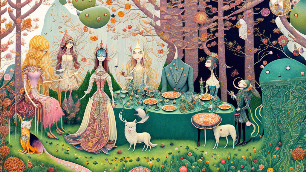 Whimsical forest illustration with elegant characters and fantastical tea party