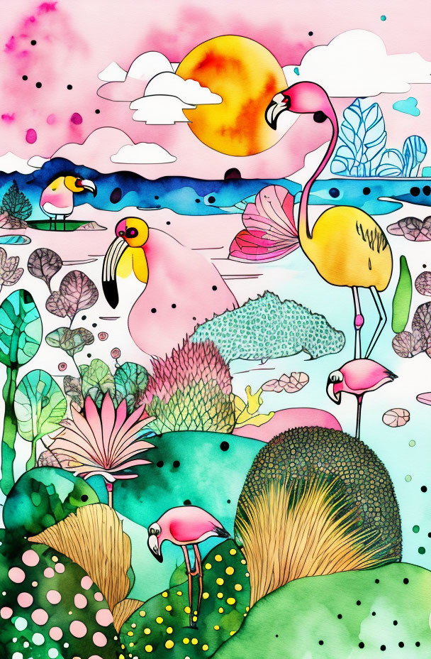 Vibrant Flamingo and Exotic Bird Illustration with Tropical Plants