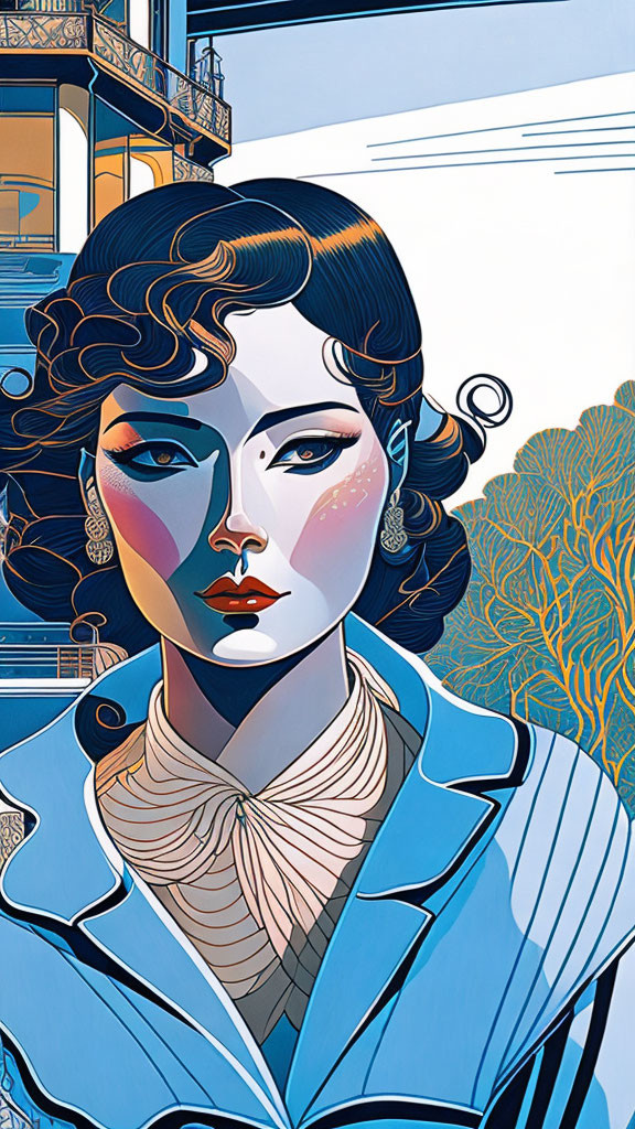 Stylized woman with wavy hair and vintage blue outfit in architectural setting