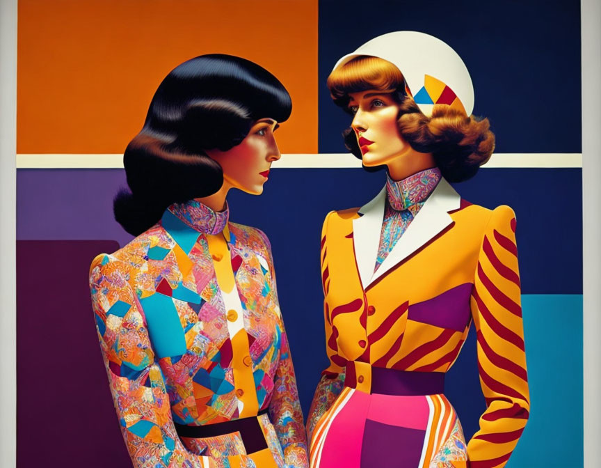 Colorful retro outfits on stylized women against geometric backdrop