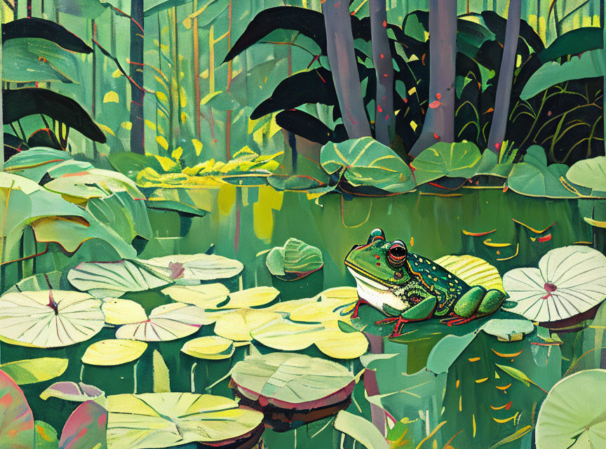 Vibrant frog on lily pad in lush pond surrounded by greenery