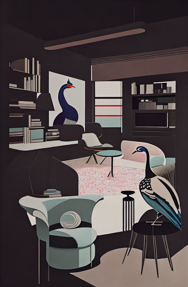 Elegant interior illustration with peacocks, modern furniture, bookshelves, and red blinds