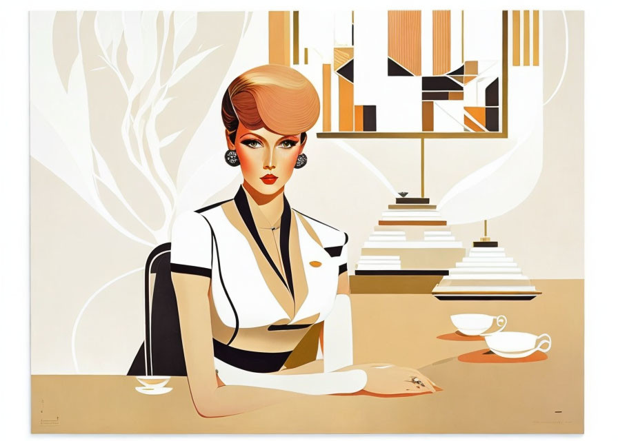 Stylized woman with bob haircut at table with modernist backdrop and teacups.