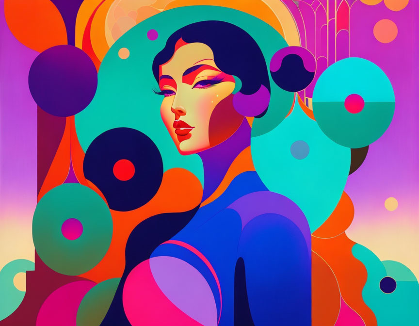 Vibrant digital art: stylized woman with flowing shapes in surreal background