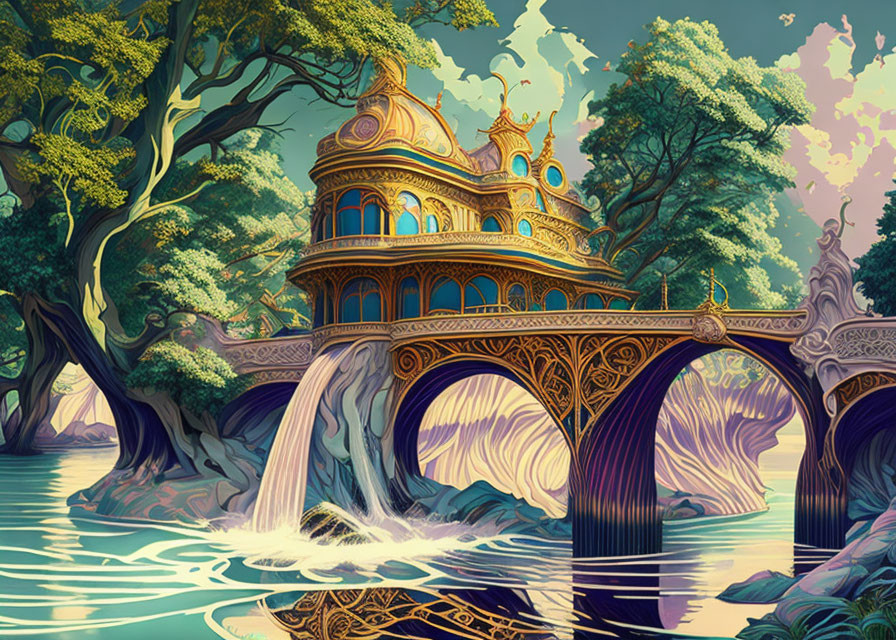 Golden-domed building on bridge over river with waterfalls and stylized trees