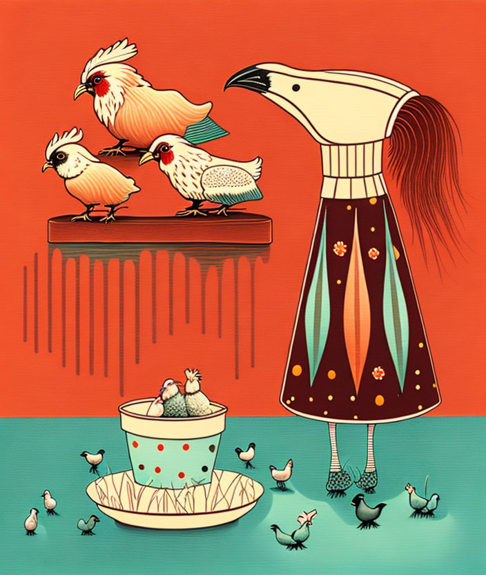 Whimsical chicken-themed illustration with giant comb and bowl, surrounded by chicks and unique bird.