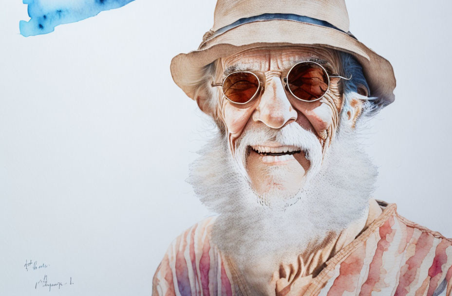 Elderly man in bucket hat and sunglasses with watercolor effect