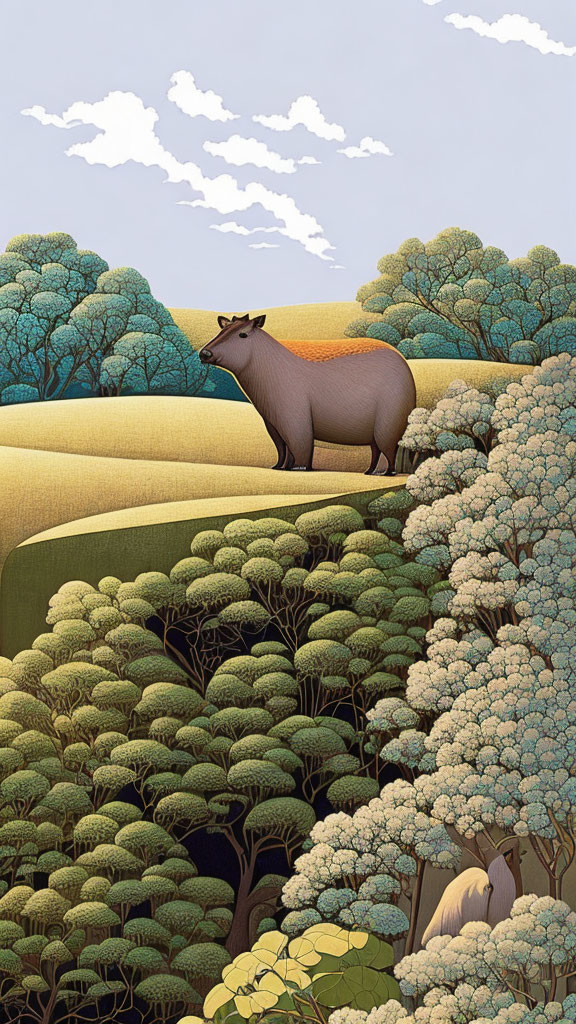 Serene landscape with antelope-like creature on golden hills