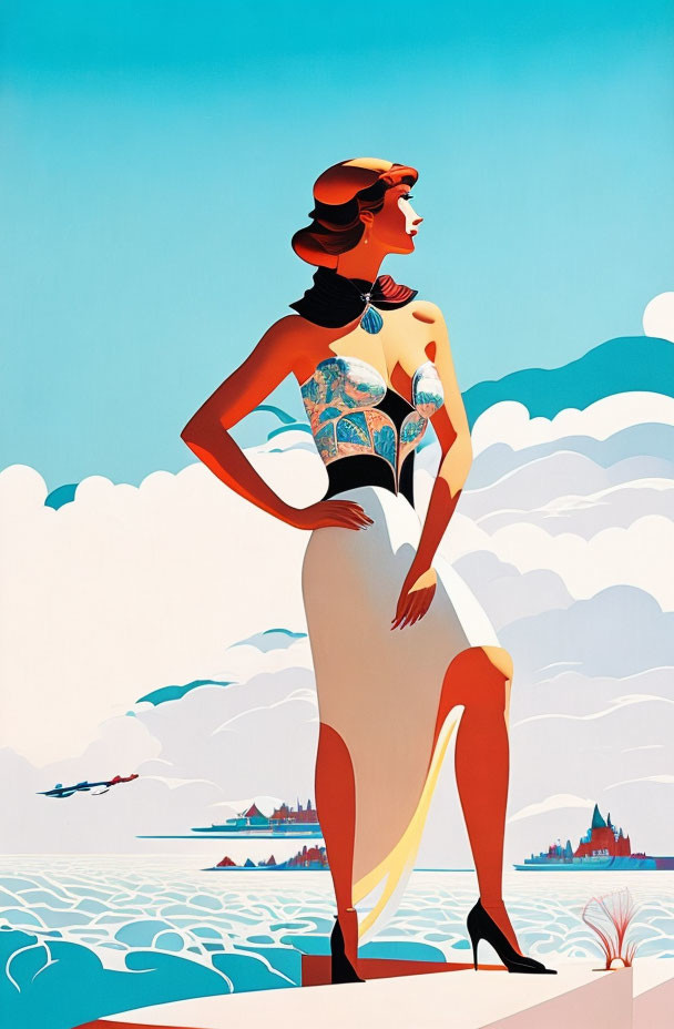 Vintage-inspired illustration of elegant woman by the sea with ships and cityscape