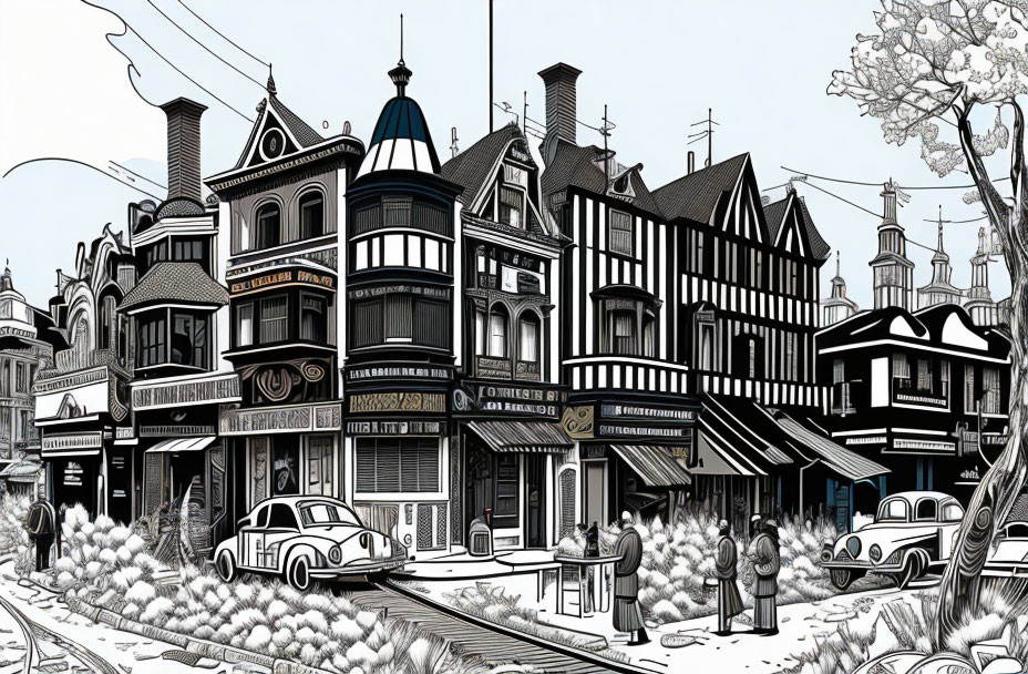 Detailed Monochrome Vintage Street Scene with Victorian Houses, Cars, and People