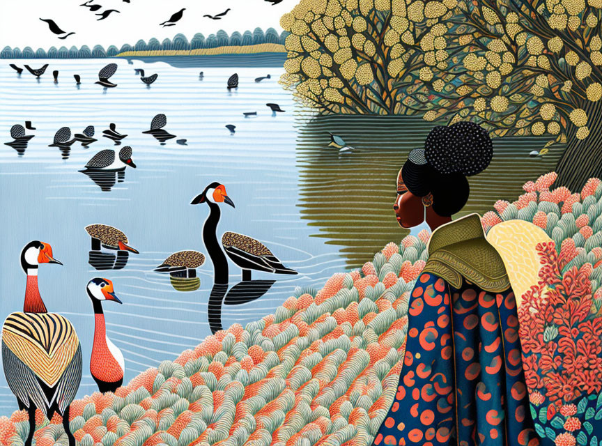 Illustration of person by lake with ducks, geese, autumn trees, and flying birds