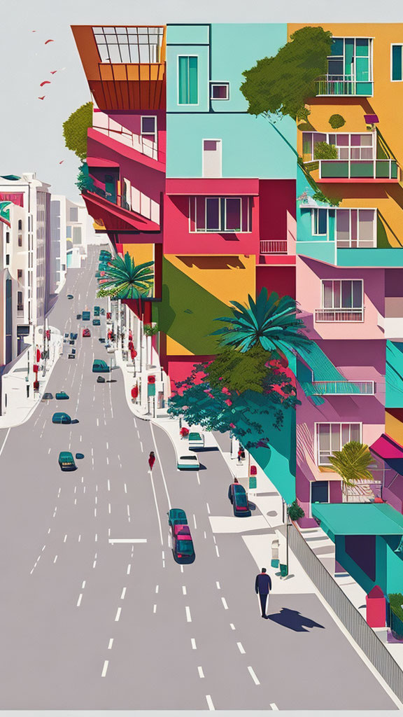 Vibrant urban illustration of colorful buildings, cars, and palm trees