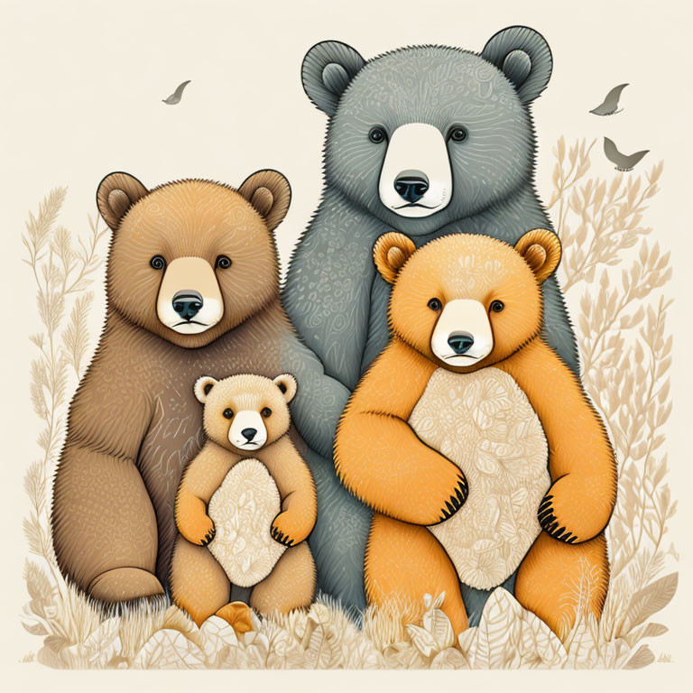 Stylized bears in nature scene with tall grasses and birds