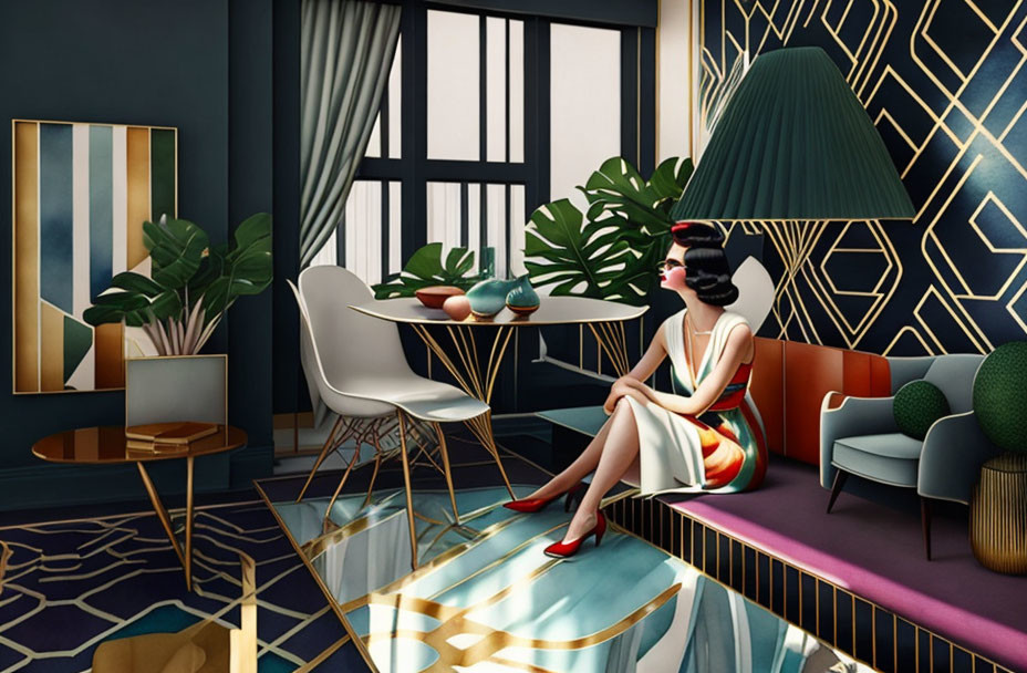 Stylized art deco-inspired room with woman illustration