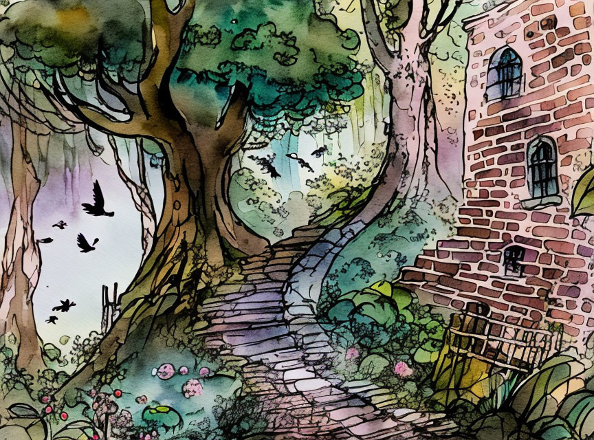 Whimsical forest path to brick tower in watercolor