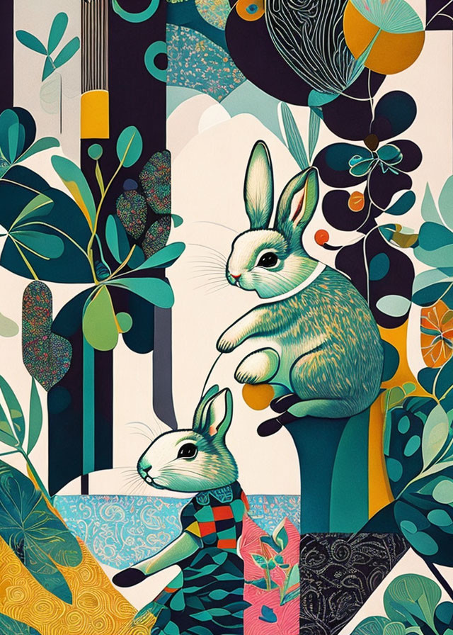 Vibrant illustration: Two rabbits in colorful plant-filled scene