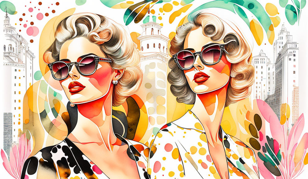 Colorful Illustration: Twin Women in Sunglasses with Vintage Hairstyles amid Abstract Patterns and Cityscape