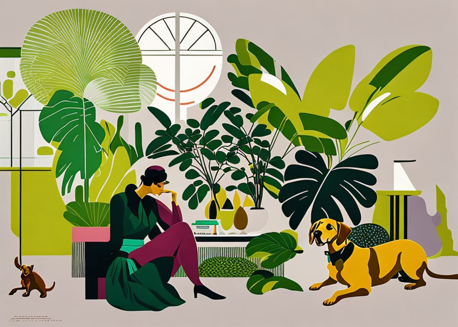 Colorful illustration of person with dog in plant-filled room