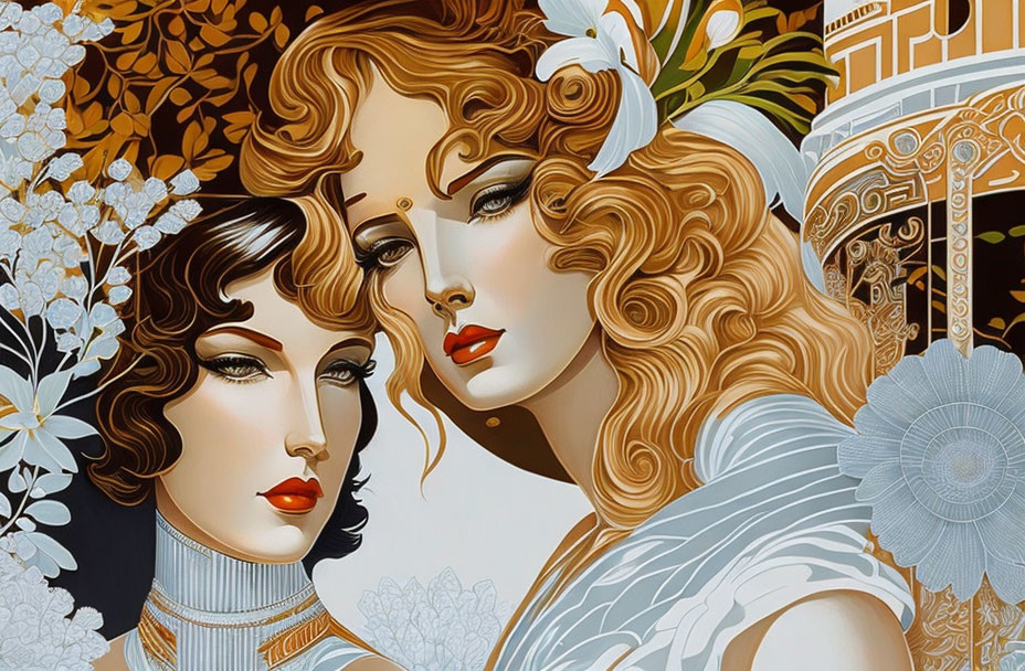 Stylized women in art nouveau style with ornate attire and flowing hair