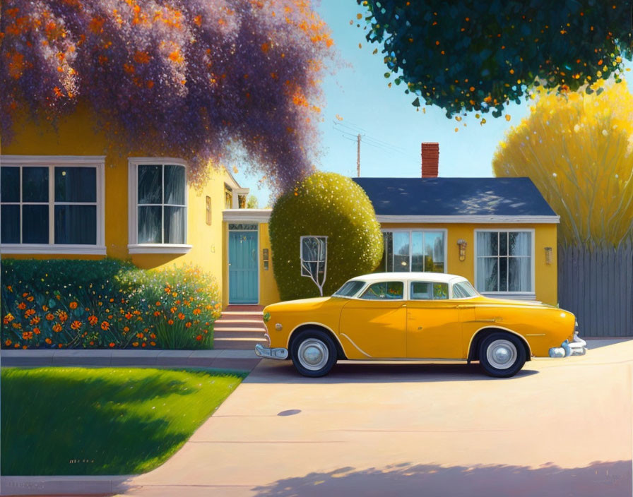 Yellow Classic Car Parked in Front of Sunny Suburban House