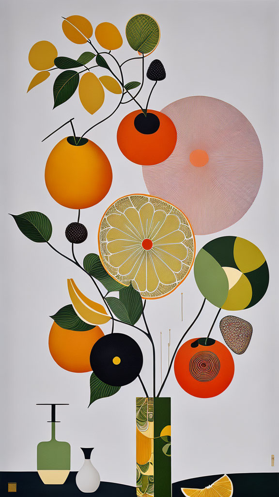 Colorful geometric fruit and vase art on light background