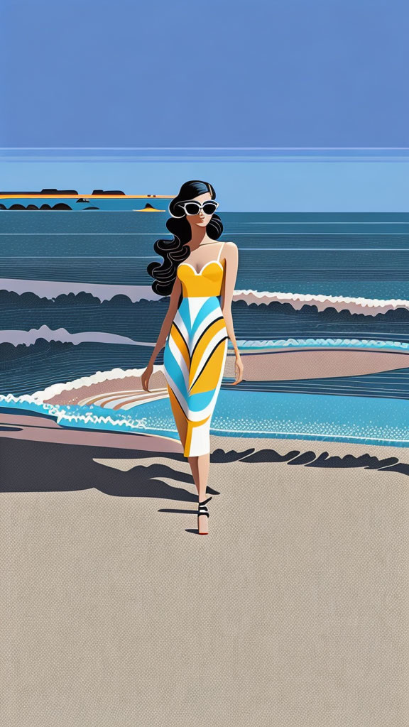 Woman in Yellow Striped Swimsuit Walking on Beach