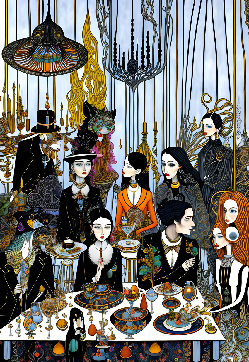 Detailed illustration: elegantly dressed individuals at banquet table with surreal and fantastical elements.