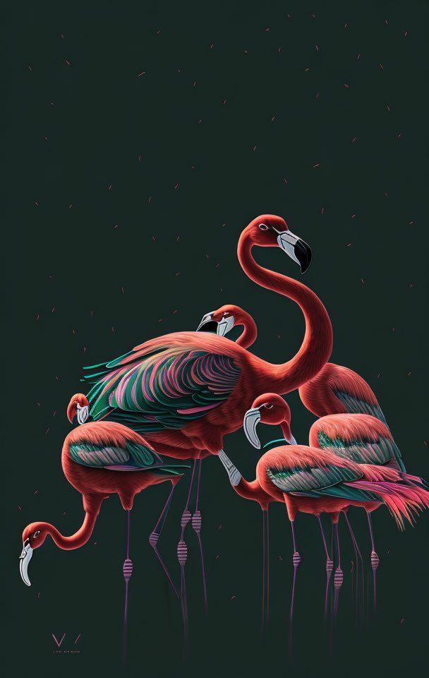 Vibrant digital artwork of five stylized flamingos in various poses