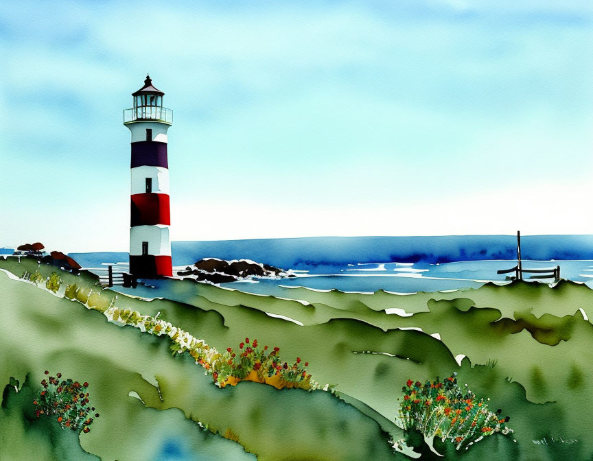 Striped lighthouse watercolor painting by the sea