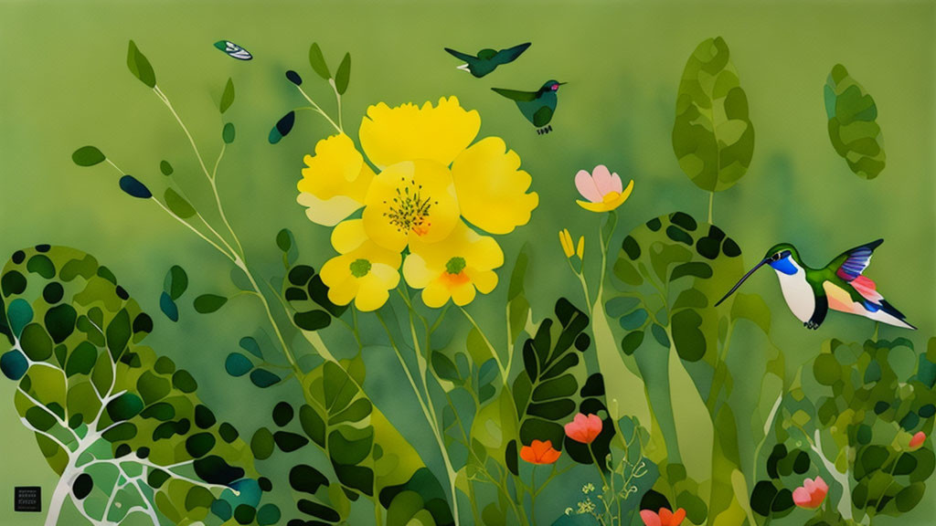 Colorful garden illustration with yellow flower, green plants, and hummingbirds.