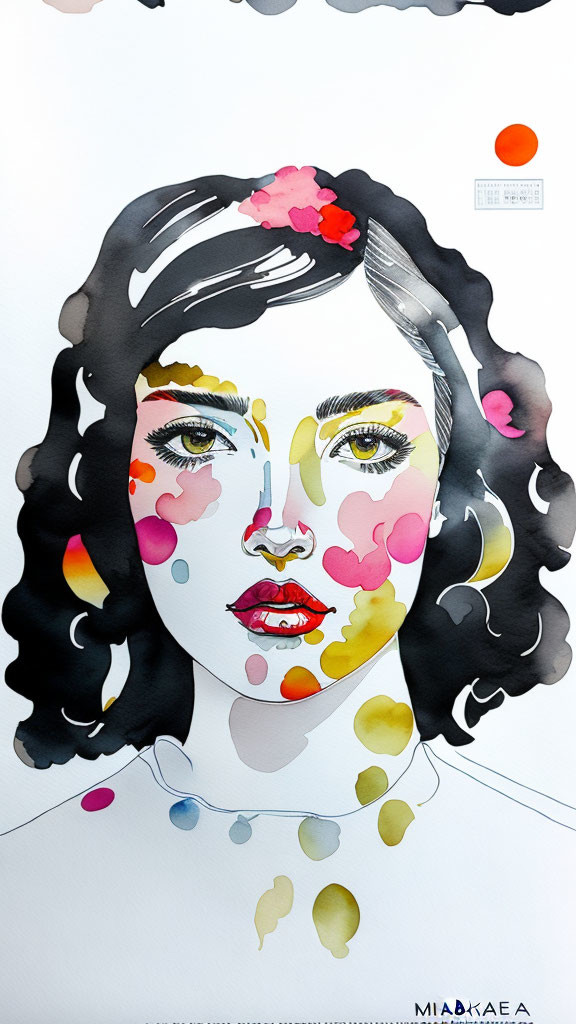 Vibrant watercolor portrait with abstract red, orange, and yellow paint splashes