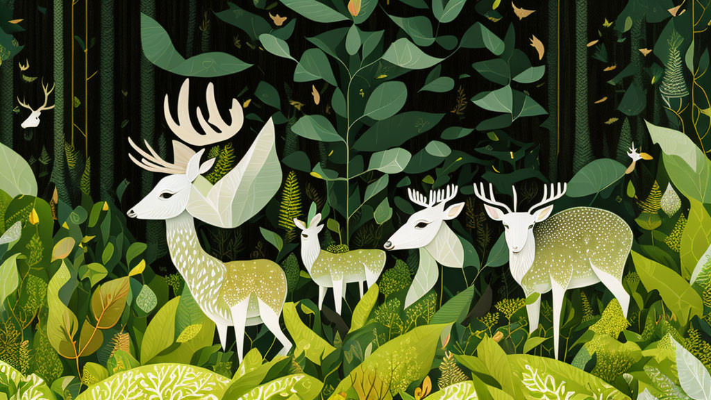 Colorful forest scene with stylized deer family and hidden wildlife