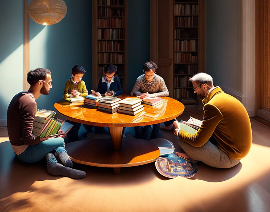 Men reading books at oval wooden table in cozy room with bookshelves