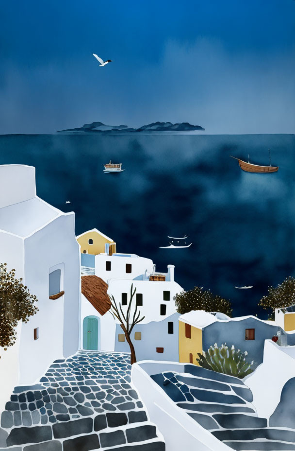 Greek Island Scene: White Houses, Cobblestone Path, Blue Sea, Boats, Seag