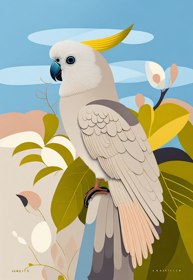 Stylized cockatoo with yellow crest in pastel-colored foliage