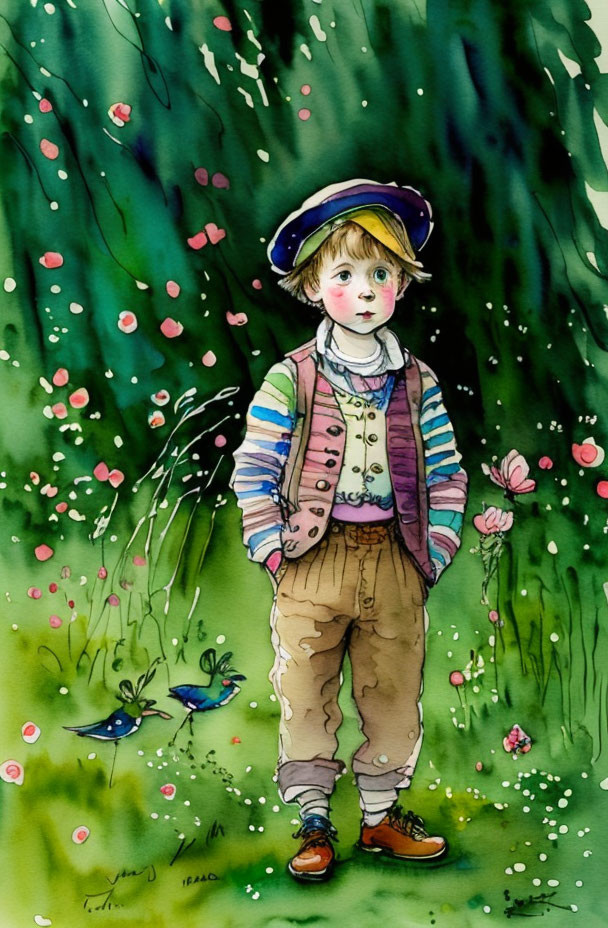 Watercolor illustration of young child in vintage clothing in lush meadow