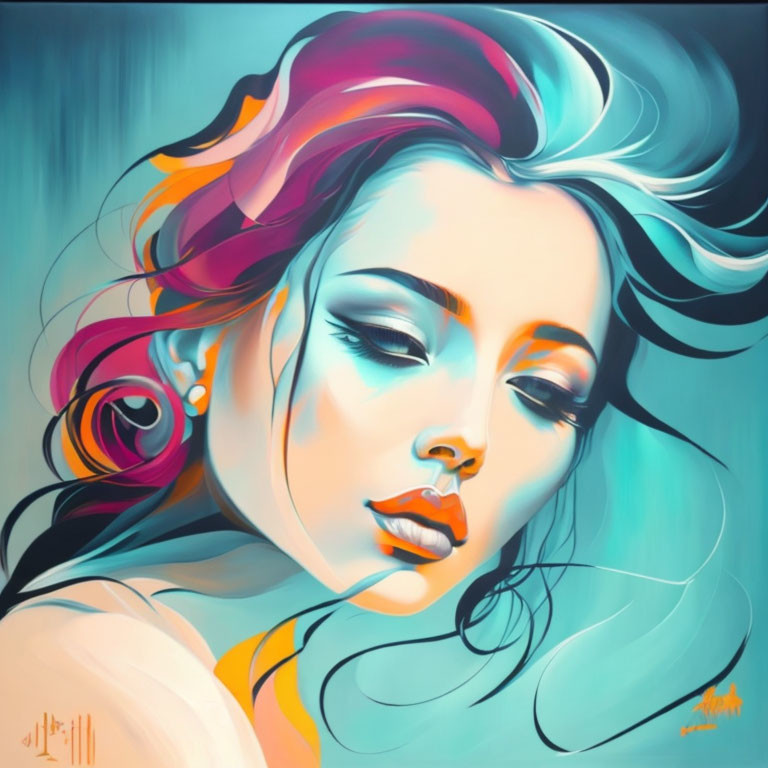 Vibrant portrait of a stylized woman with flowing blue, turquoise, and orange hair.