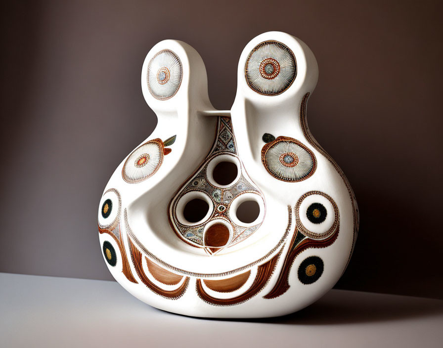 Abstract White Ceramic Sculpture with Organic Shape and Geometric Designs