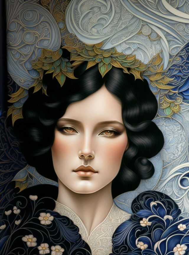 Stylized portrait of woman with ornate patterns and gold leaves on dark curly hair against blue and