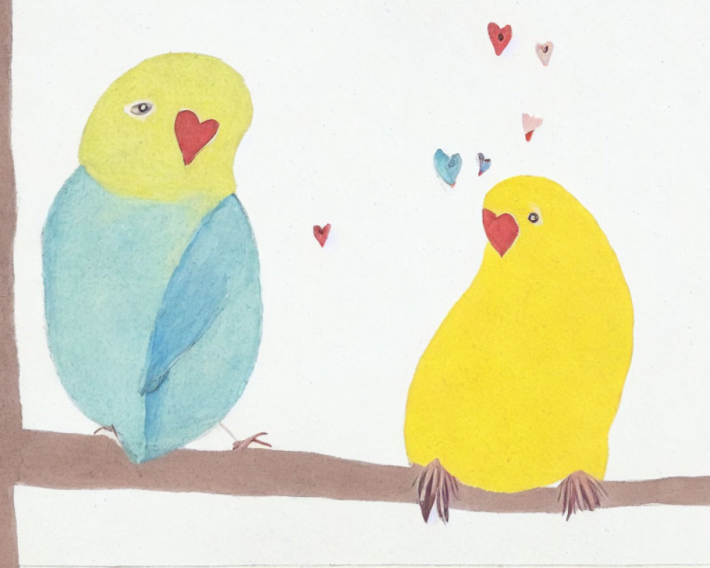 Watercolor painting of blue and yellow parakeets on branch with floating hearts