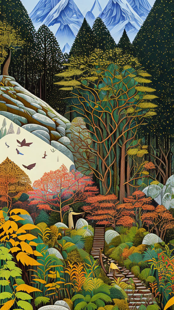 Detailed forest scene with trees, stairway, birds, and mountains