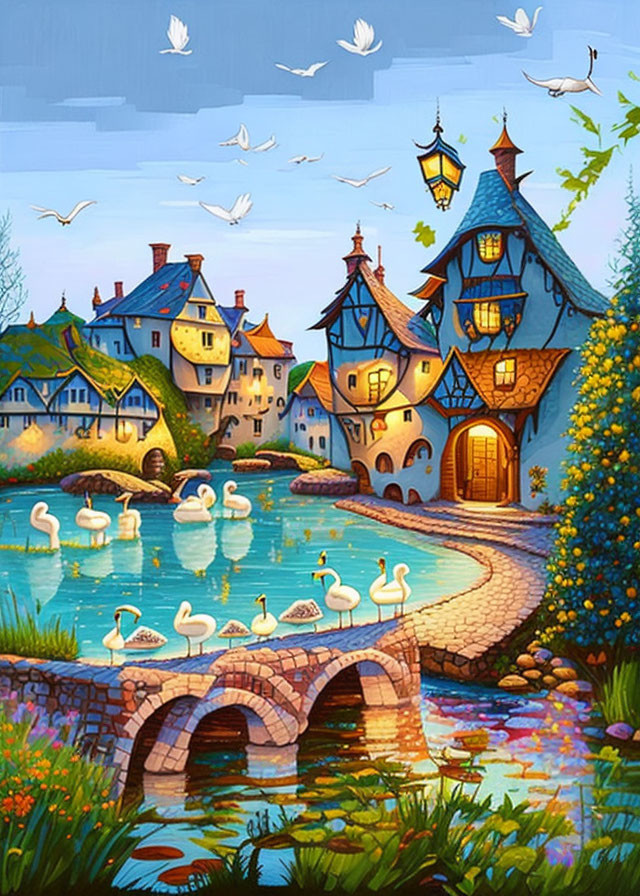 Tranquil animated village scene with storybook houses, pond, swans, lush greenery,