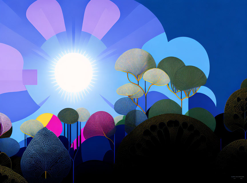 Colorful forest graphic on blue background with sun and abstract shapes