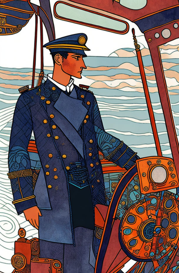 Ship Captain Illustration with Ocean Backdrop