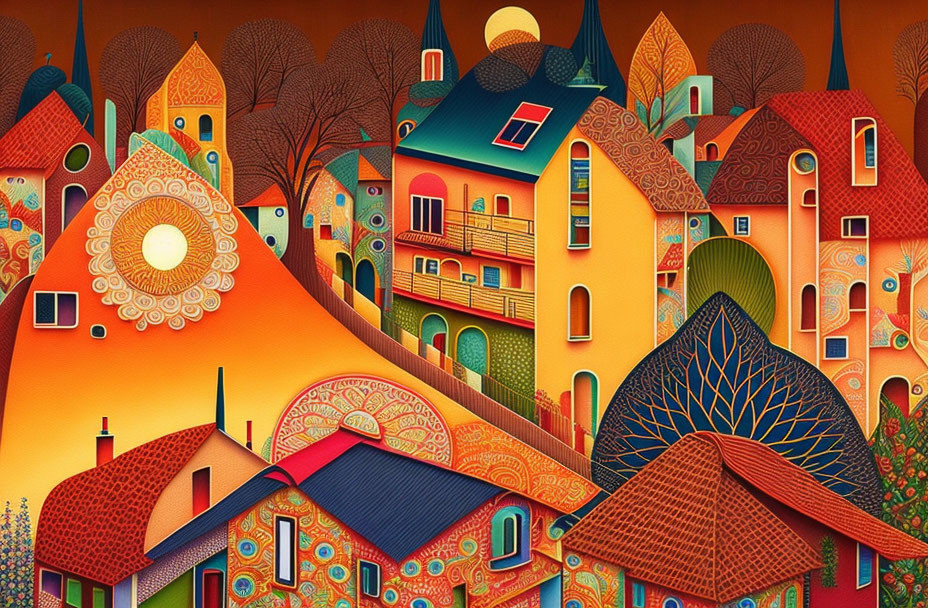 Colorful Village Landscape with Whimsical Buildings in Autumn