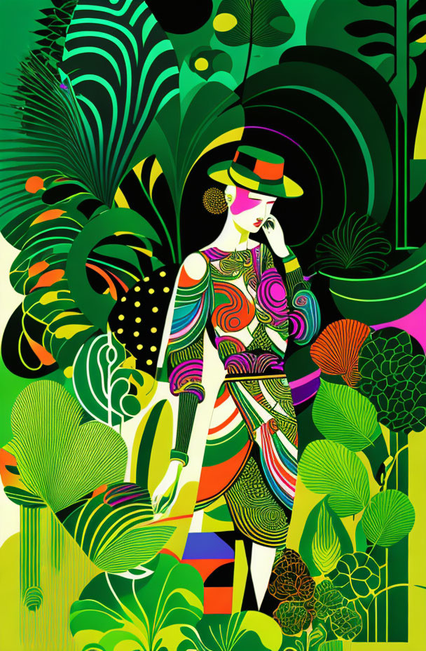 Colorful illustration: Stylish woman in patterned dress among lush greenery with peacock feathers.