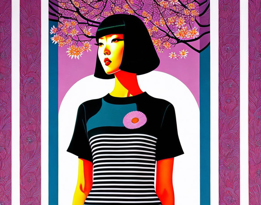 Colorful illustration of woman with bob haircut in striped shirt against cherry blossom backdrop